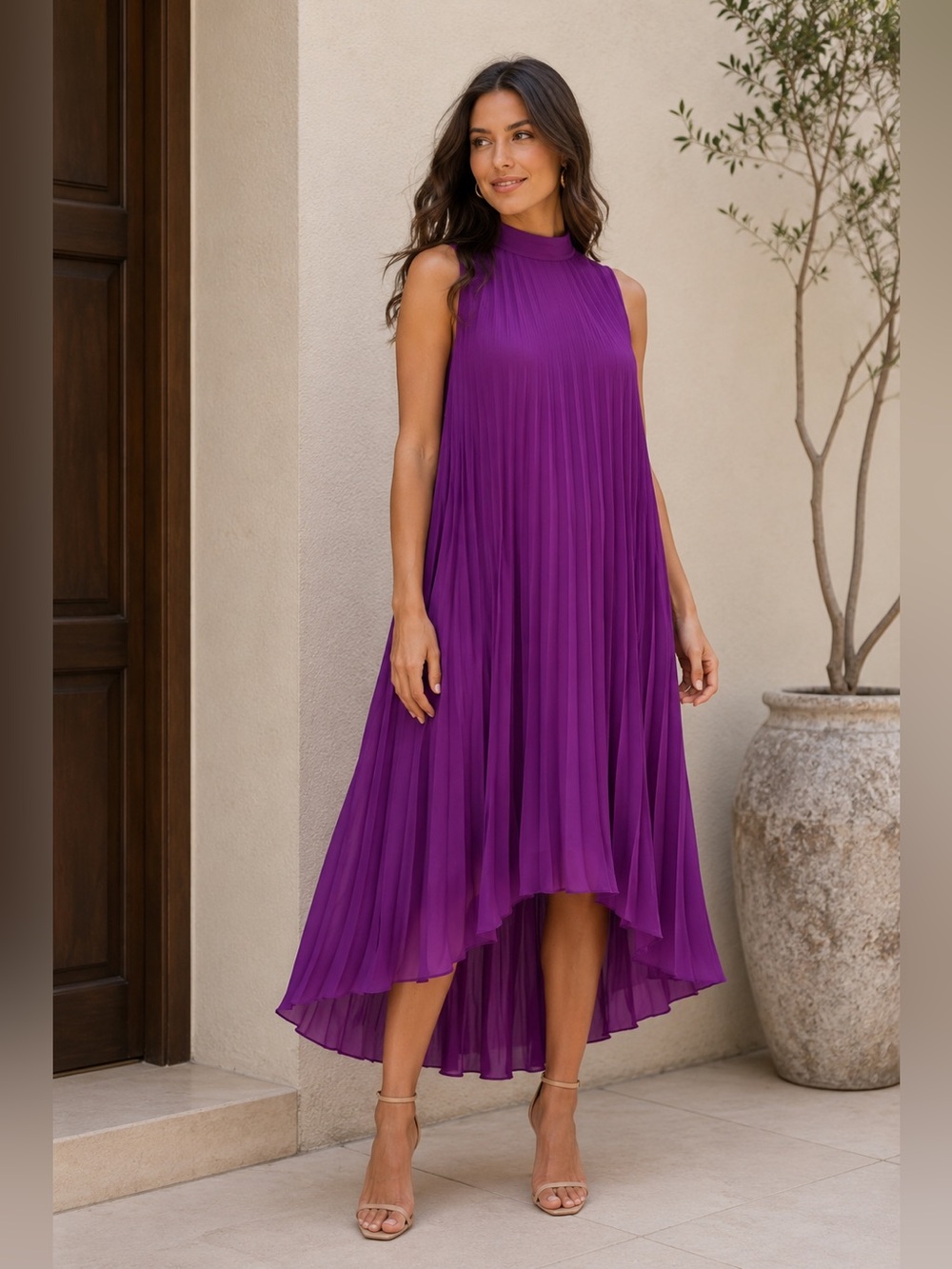NEW - Purple Pleated High Low Chiffon Swing Dress Elegant Sleeveless Midi